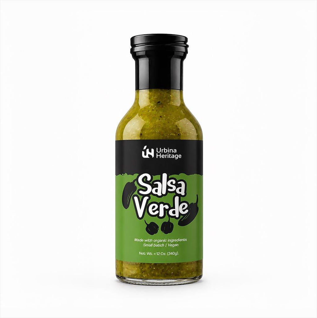 Authentic Urbina Heritage Salsa Verde,  Roasted Tomatillo Green Salsa, Small Batch Family Recipe Mexican Salsa 10oz Jar