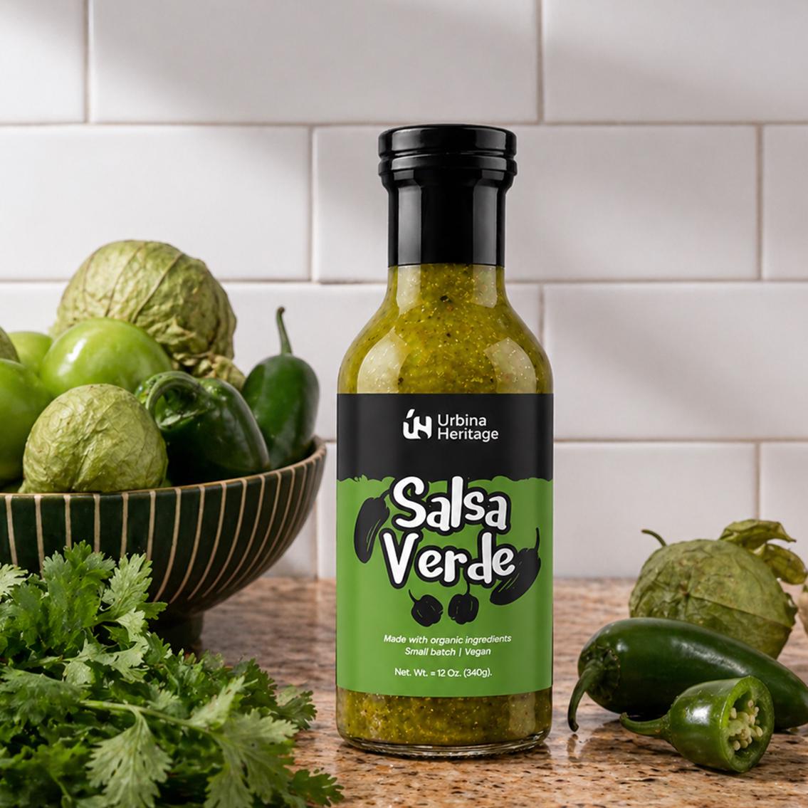 Authentic Urbina Heritage Salsa Verde,  Roasted Tomatillo Green Salsa, Small Batch Family Recipe Mexican Salsa 10oz Jar
