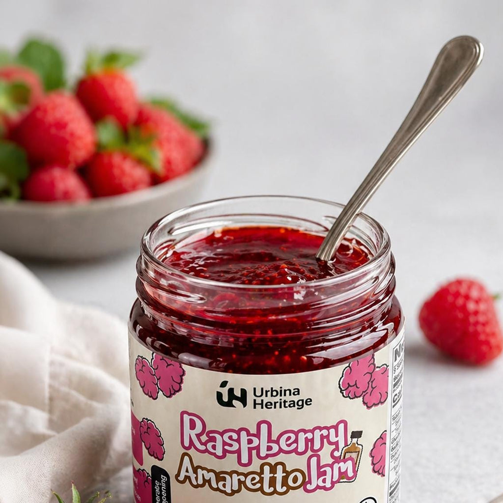 Urbina Heritage Raspberry Amaretto Jam – Small Batch Gourmet Fruit Spread 8 oz