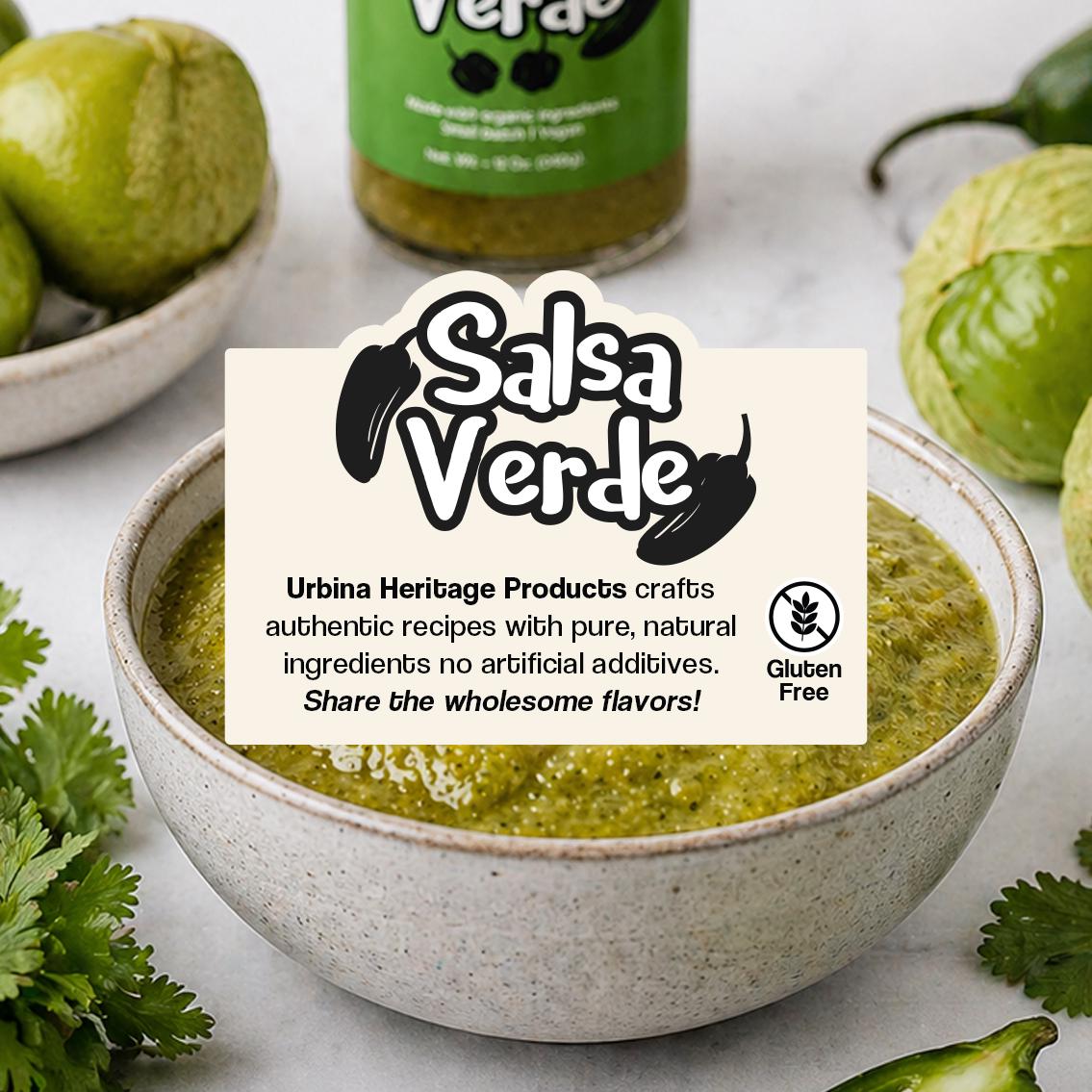 Authentic Urbina Heritage Salsa Verde,  Roasted Tomatillo Green Salsa, Small Batch Family Recipe Mexican Salsa 10oz Jar