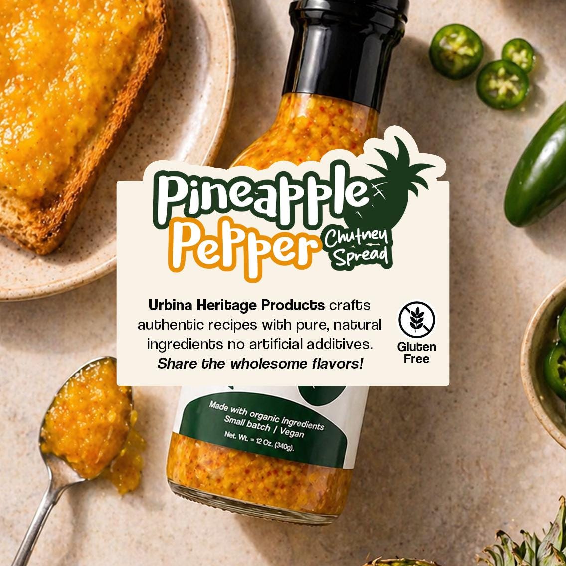 Authentic Urbina Heritage Pineapple Pepper Chutney - Sweet & Spicy Tropical Condiment, Small Batch Family Recipe 10oz Jar
