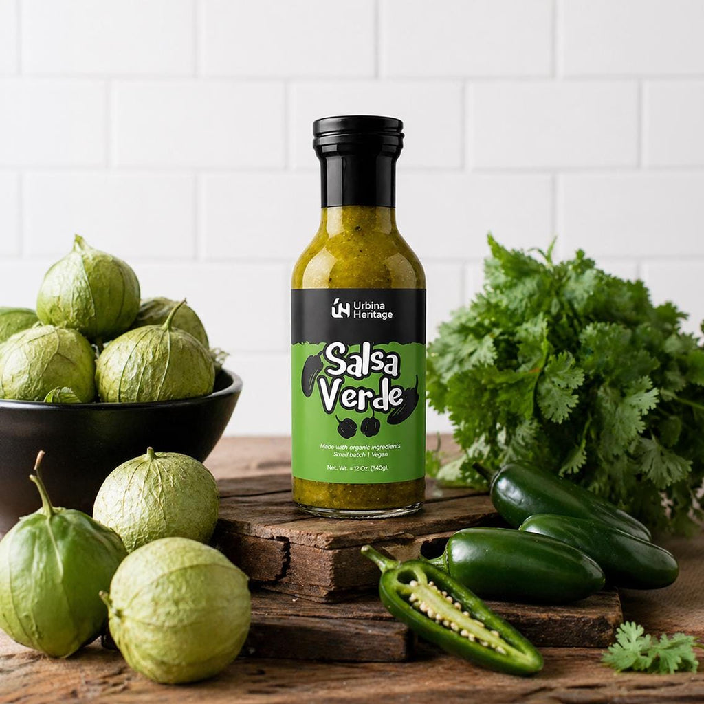 Authentic Urbina Heritage Salsa Verde,  Roasted Tomatillo Green Salsa, Small Batch Family Recipe Mexican Salsa 10oz Jar