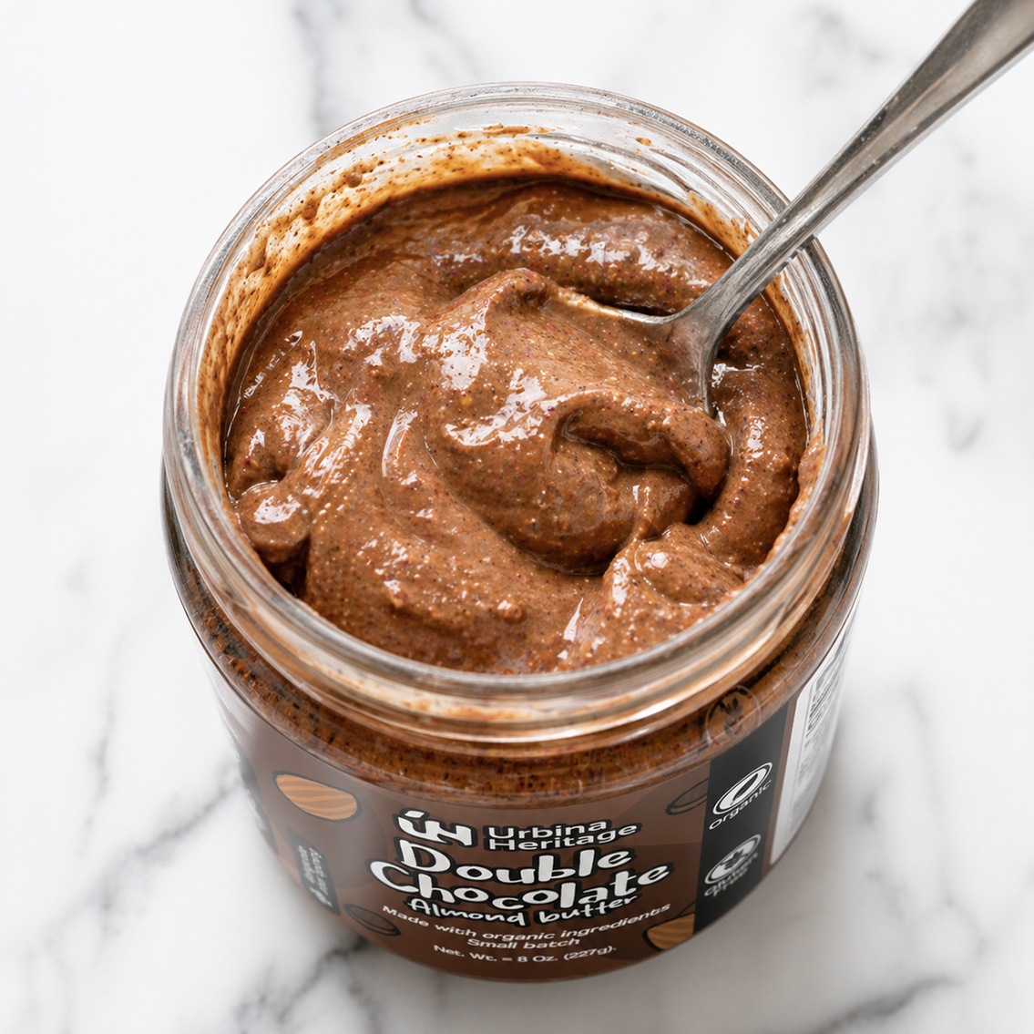 Authentic Urbina Heritage Double Chocolate Almond Butter - Rich Gourmet Spread | Small Batch Family Recipe 8oz Jar