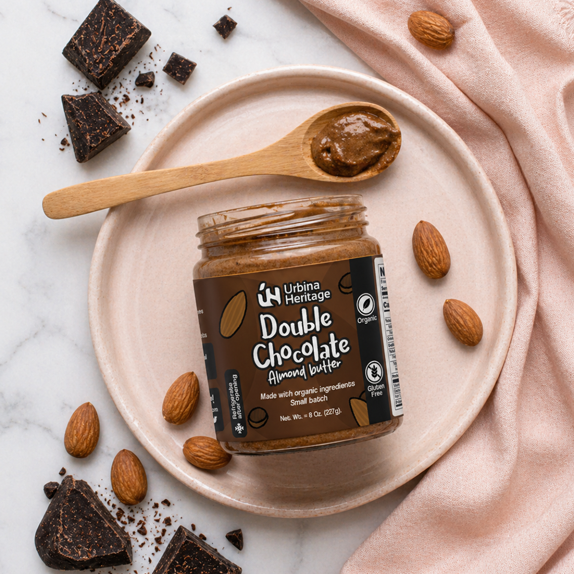 Authentic Urbina Heritage Double Chocolate Almond Butter - Rich Gourmet Spread | Small Batch Family Recipe 8oz Jar